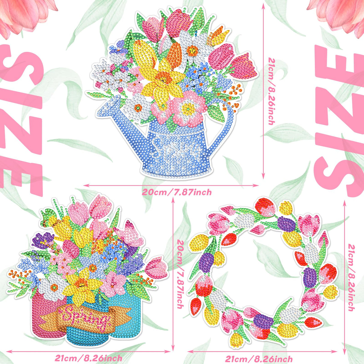 Menkxi 3 Set 5d Spring Diamond Painting Hanging Spring Flower Diamond Art Kits Sign Wreath Tulip Spray Bottle DIY Crystal Paint Arts and Crafts Set for Garden Door Window Ornaments Menkxi