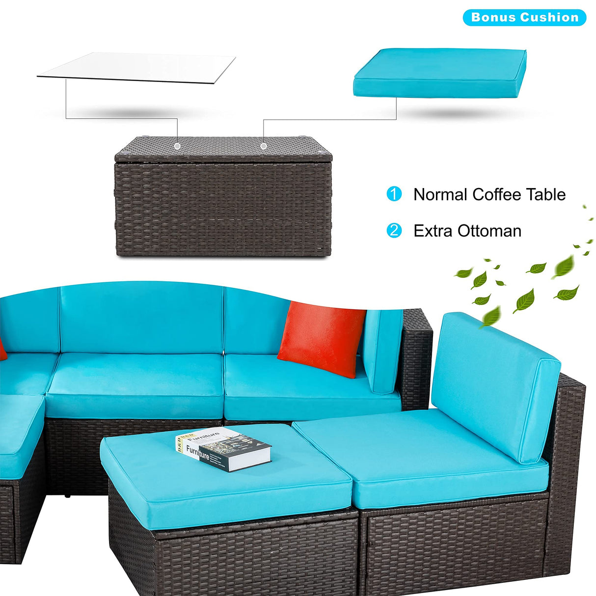 Vongrasig 6 Piece Small Patio Furniture Sets, Outdoor Sectional Sofa All Weather PE Wicker Patio Sofa Couch Garden Backyard Conversation Set with Glass Table,Blue Cushions and Red Pillows (Blue) Vongrasig