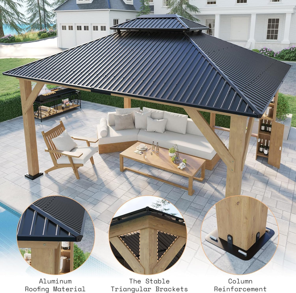 AMERLIFE 13x15 Spruce Wood Gazebo, Hardtop Gazebo with Double Iron Roof & Storage bar, Outdoor Paviloin with Wood Frame for Patio, Parties, Garage, Lawns AMERLIFE