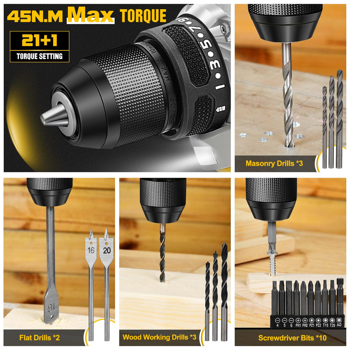 20V Brushless Drill Set, Cordless Power Drill with 2.0Ah Battery,119 PCS Combo Drill Set for Men, 10mm 3/8" Keyless Chuck, 21+1 Torque Setting Power Drill Kit for DIY Garden House Office Repair ThinkLearn