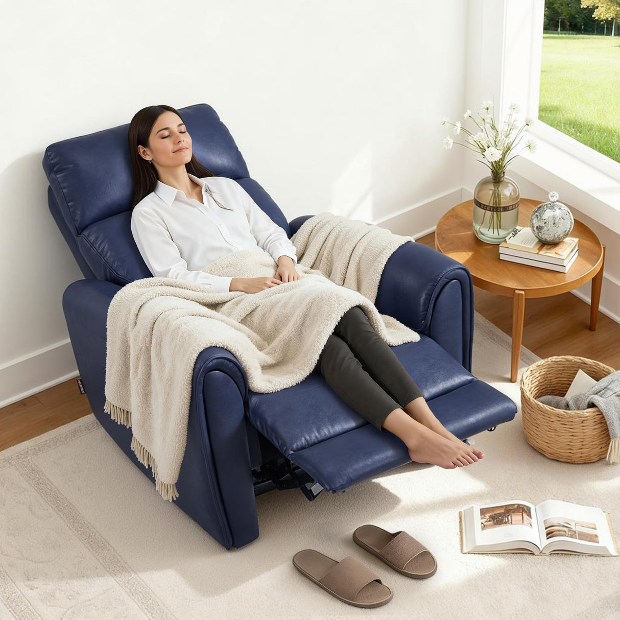 MCombo Power Small Recliners for Small Spaces, Modern Zero Wall Hugger Recliners Chair with Lumbar Support, USB and Charging Ports, FSC Certified, Faux Leather PR699 (Navy Blue) MCombo