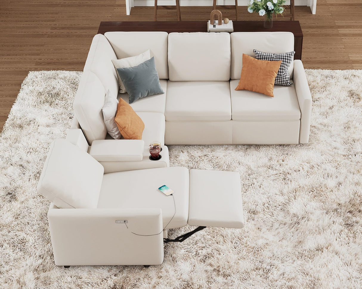 AMERLIFE Single Left Power Recliner, Reclining Sectional Couch with Console, 5 Seats L Shaped Anti-Scratch Leathaire Modular Couch with Cup Holder& USB Port, White AMERLIFE