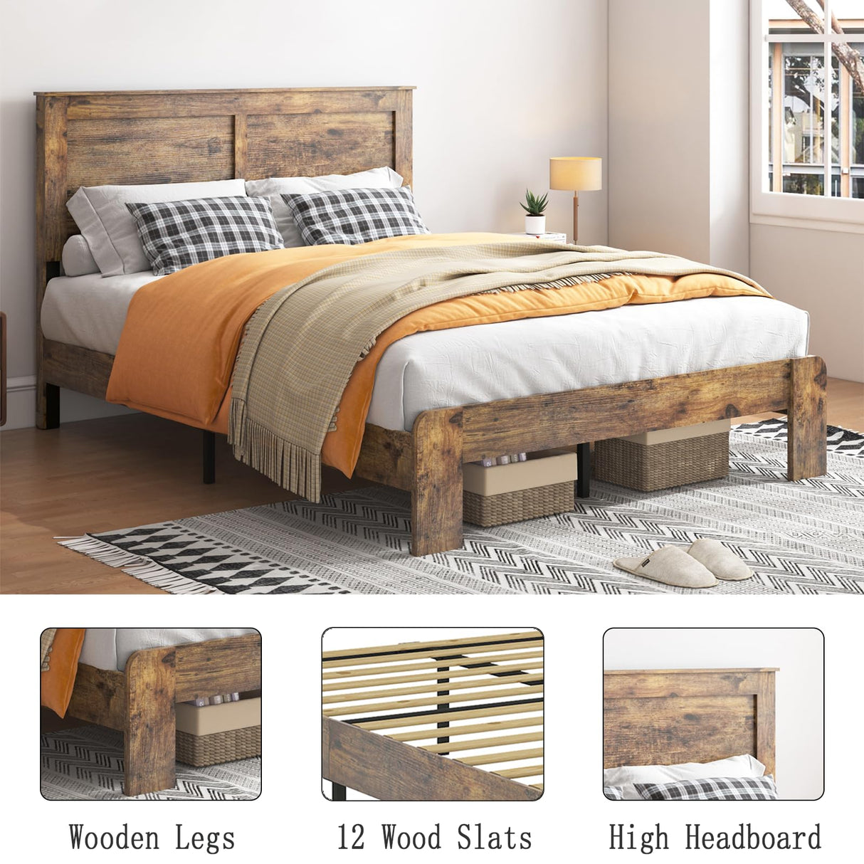 YHJIV Wood Queen Bed Frame with Headboard, Rustic Farmhouse Platform Bed Frame with 12 Wood Slats Support, No Box Spring Needed, Easy Assembly (Vintage Brown, Queen) YHJIV