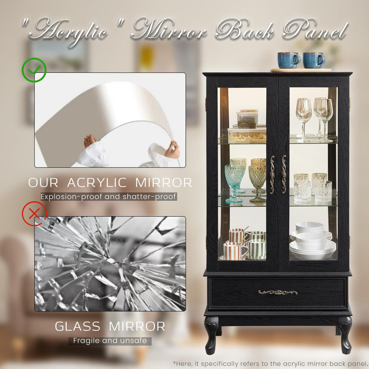 CKEASEAN Lighted Curio Cabinet, 52" H Glass Display Cabinet with Adjustable Shelves, China Cabinet with Tempered Glass Doors for Living Room, Light Blub Included (Black) CKEASEAN