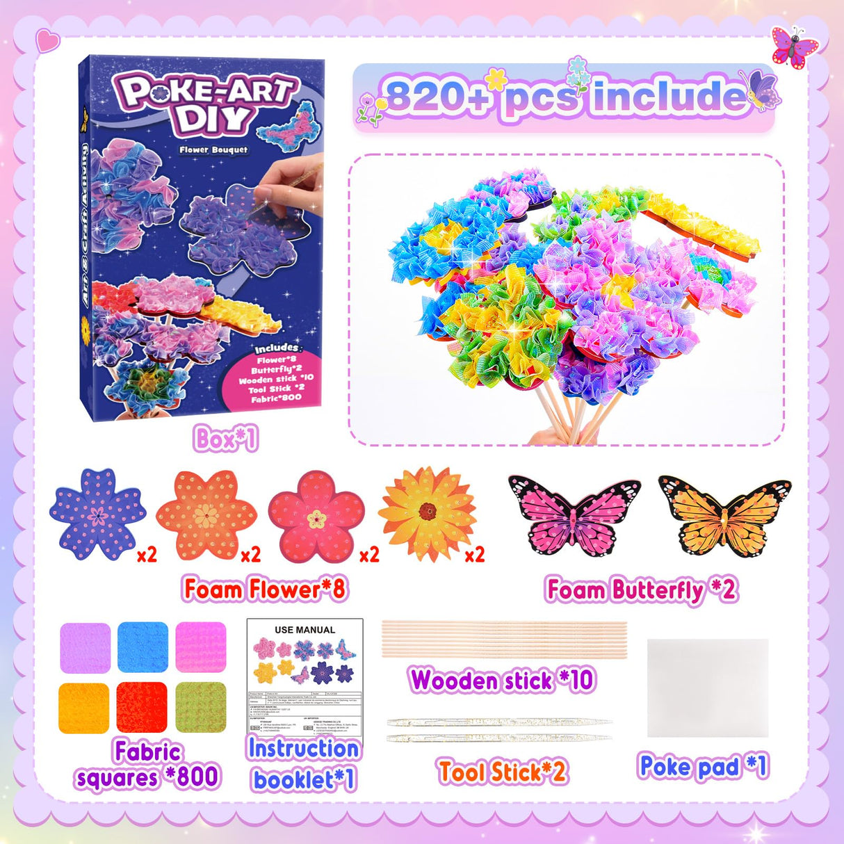 MDINGTD Toys for 4 5 6 7 8+ Year Old Girls, Poke Art Flower Bouquet with 8 Flowers & 2 Butterflies Arts and Crafts for Girls Ages 4-12 DIY Creative Activity Birthday Christmas Gifts Craft Kits MDINGTD