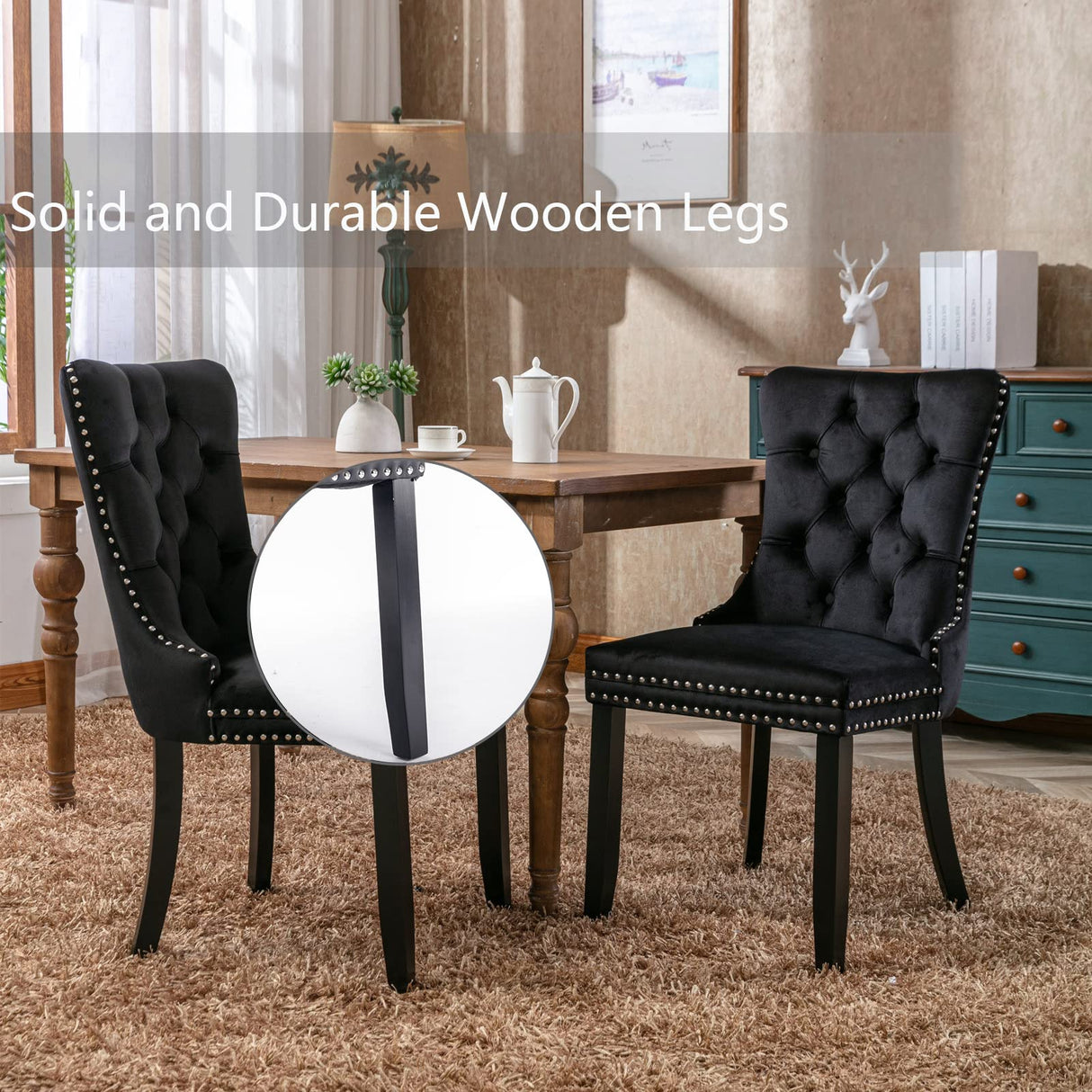 Black Velvet Dining Chairs Set of 4, Upholstered Dining Room Chairs with Back Ring Pull Trim and Solid Wood Legs,Modern Dining Chairs Perfect for Dining Room,Living Room,Kitchen(Black) Shenyon