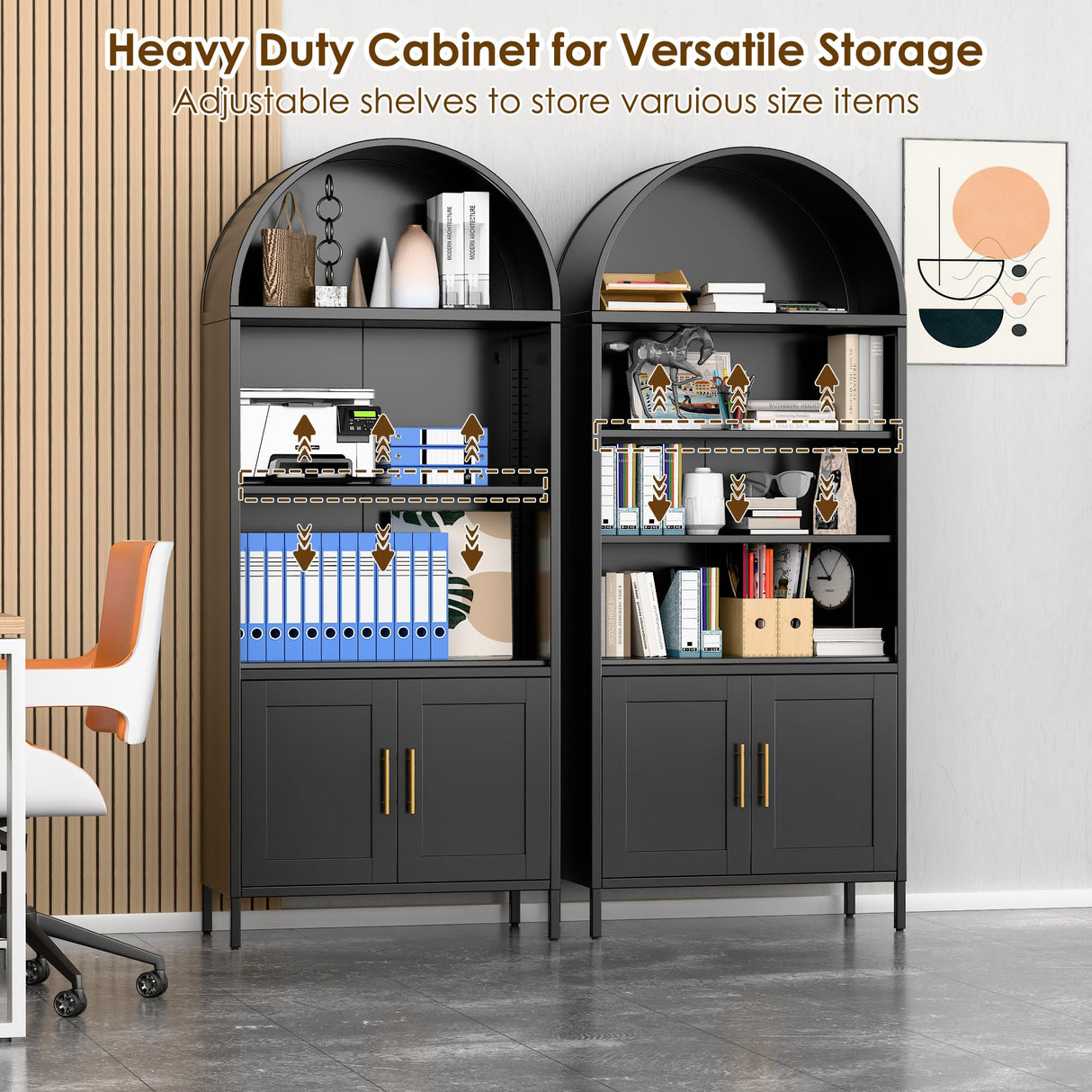 VEXPOR 73 in Tall Metal Arched Cabinet, 5-Tier Arched Bookcase with Doors, Modern Farmhouse Bookshelf with 2 Adjustable Shelves, Kitchen Pantry Cabinet for Living Room, Black, Assembly Required VEXPOR