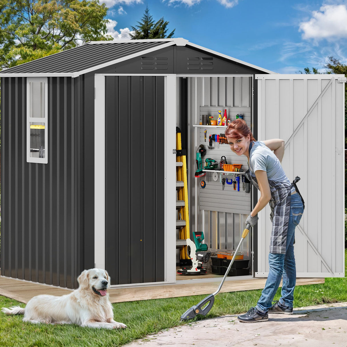 DWVO 6x4ft Metal Outdoor Storage Shed with Window, Lockable Tool Storage Sheds, Steel Garden Sheds with Sloped Roof for Backyard, Patio, Garage, Lawn, Gray + White DWVO