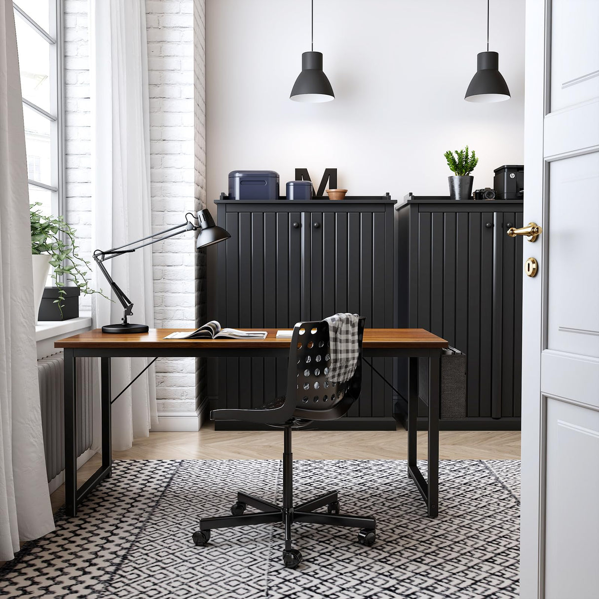 ODK Computer Writing Desk 55 inch, Sturdy Home Office Table, Work Desk with A Storage Bag and Headphone Hook, Deep Brown ODK