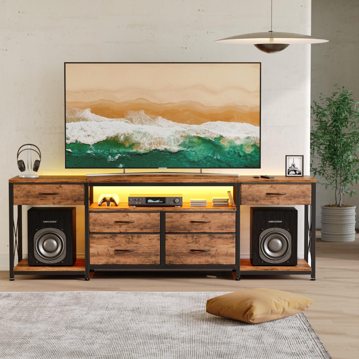 GYIIYUO LED TV Stand with 6 Fabric Drawers and Power Outlet for 65 70 75 Inch TVs, Entertainment Center with Open Storage Shelves, Dresser TV Stand for Bedroom/Living Room, Rustic Brown GYIIYUO