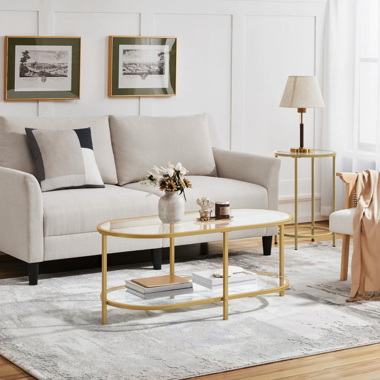 Yaheetech Gold Coffee Table, 42" Oval Glass Coffee Table for Living Room, 2-Tier Center Tea Table with Storage Shelf & Metal Frame for Small Space, Office Yaheetech