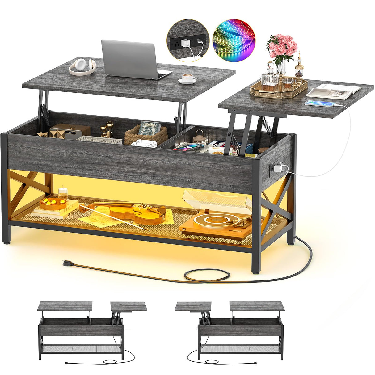 Aheaplus Lift Top Coffee Center Table with LED Light and Power Outlet, Modern Table with Storage Shelf for Living Room, Lift Tabletop, X Support, Metal Frame, Black Oak Aheaplus