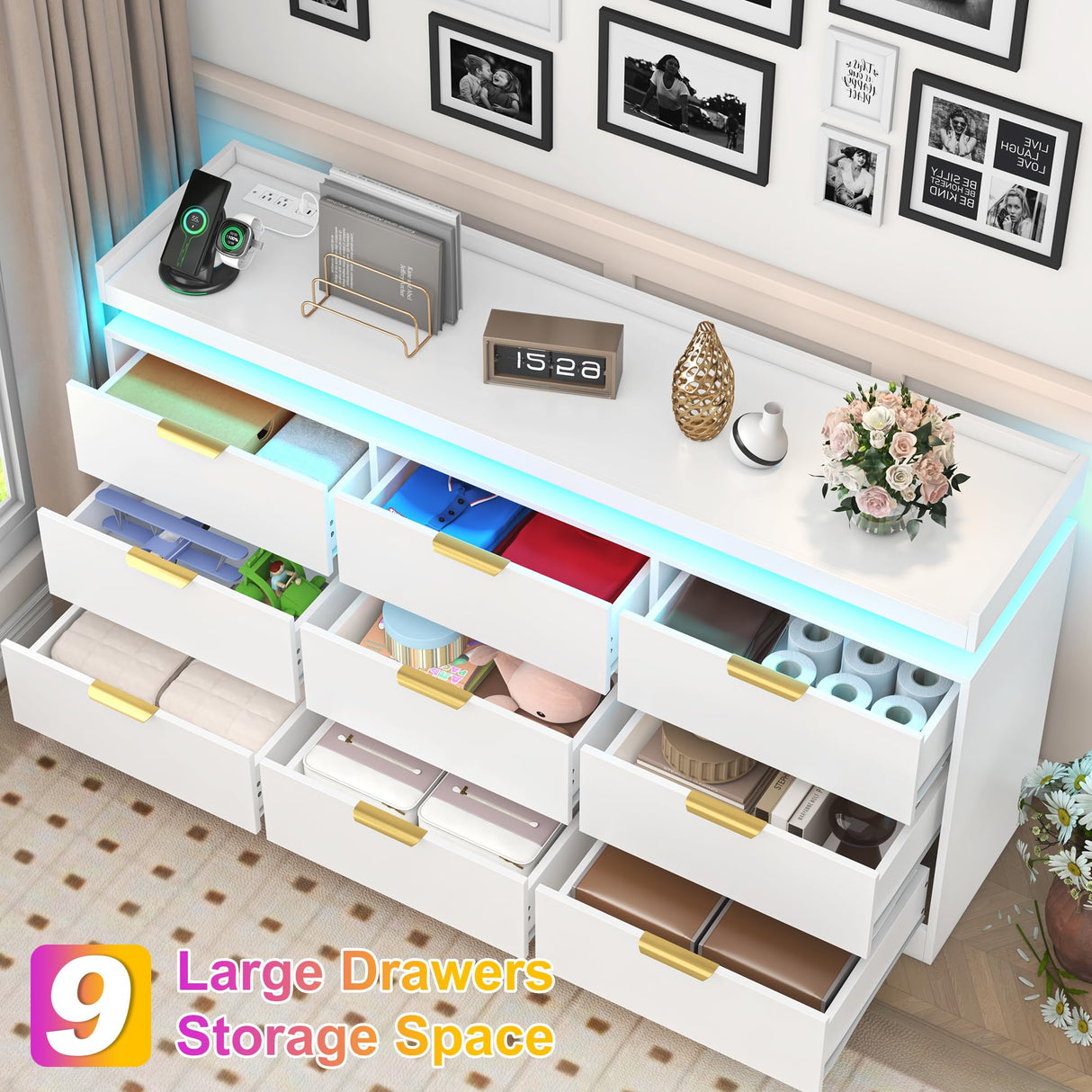 9 Drawer Dresser for Bedroom, White Dresser with LED Lights and Charging Station, Modern Chest of Drawer, Wood Triple Wide Drawer Organizer Cabinet for Bedroom, Living Room, Entryway, Hallway knoworld