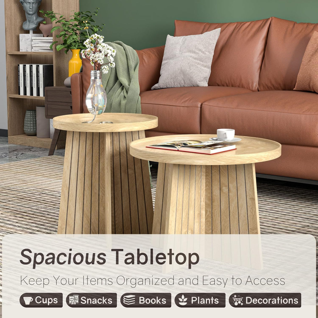 Round Coffee Table Set of 2, Mid Century Modern Fluted Nesting Coffee Table, Center Tables, Small Round Wood Coffee Table, Side End Table for Living Room, Bedrrom, Office (Wood Color) Fsbecl