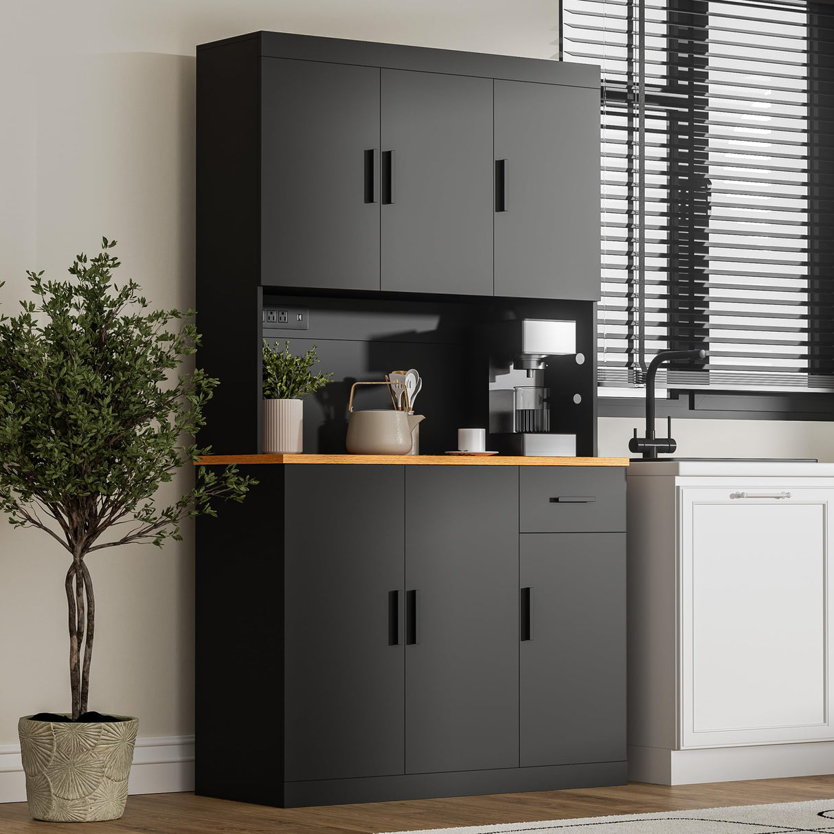 DIYART Black Kitchen Pantry Cabinet, 71" Tall Kitchen Storage Cabinet with Power Outlet, Freestanding Kitchen Hutch with countertop DIYART
