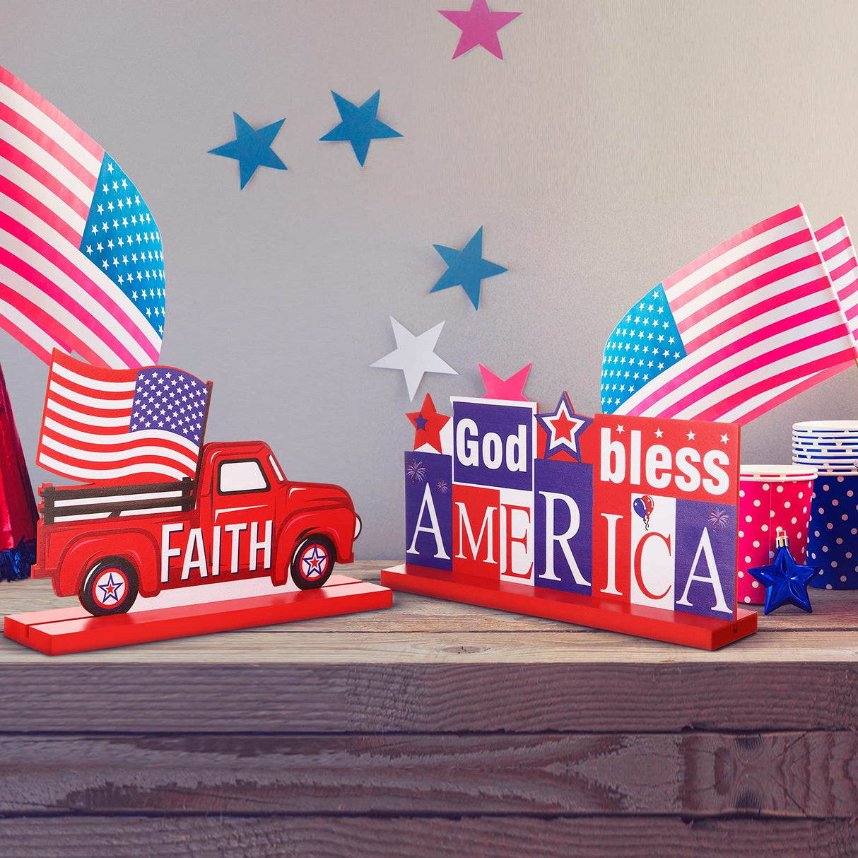 4 Pieces Patriotic Table Decoration 4th of July Wooden Table Centerpiece Independence Day Wood Letter Sign Home of Free God Bless America Table Decoration for Patriotic Party Memorial Day Home Decor Jetec