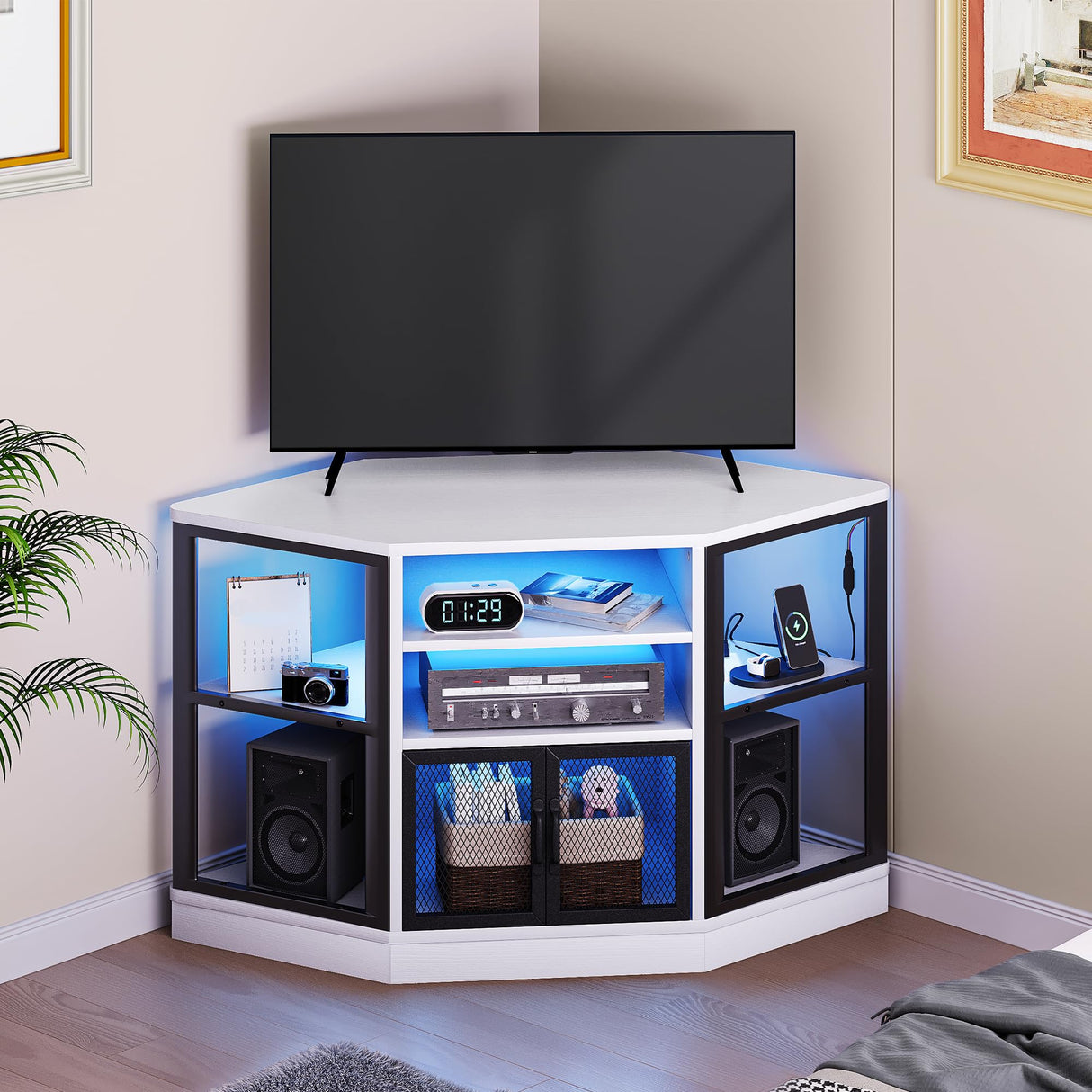 YITAHOME Corner TV Stand for Small Spaces, Corner Entertainment Center with LED Light and Power Outlet, Modern Media Console, TV Cabinet for Living Room, 47 Inch White YITAHOME
