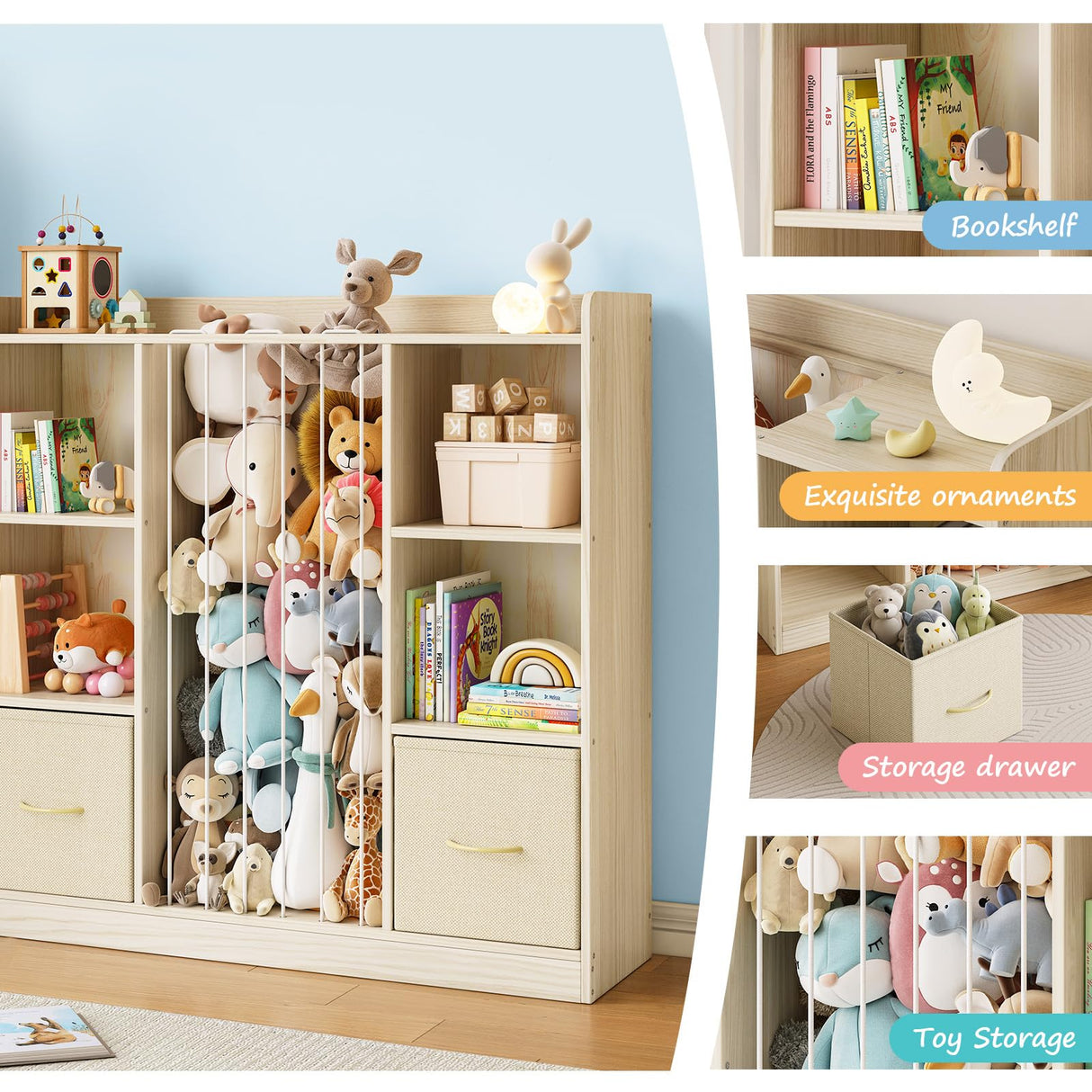 EXPERLAM Toy Storage Organizer with Stuffed Animal Storage, Wooden Toy Organizer & Stuffed Animal Zoo, 6 Cubes Shelf with Removable Drawers, 4 -in-1 Book Shelf for Kids Room, Playroom, Nursery EXPERLAM