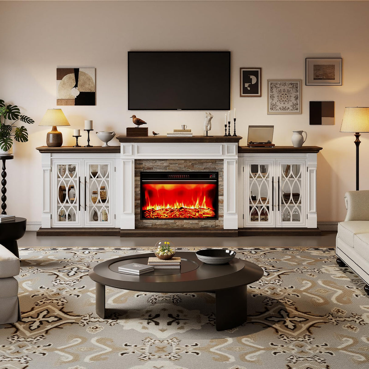 HolliWill 60 inch Farmhouse Buffet Sideboard Cabinet with 4 Glass Doors, Coffee Wine Bar Storage Cabinet, Buffet Table with Adjustable Shelves for Dining Room, Kitchen, Living Room HolliWill