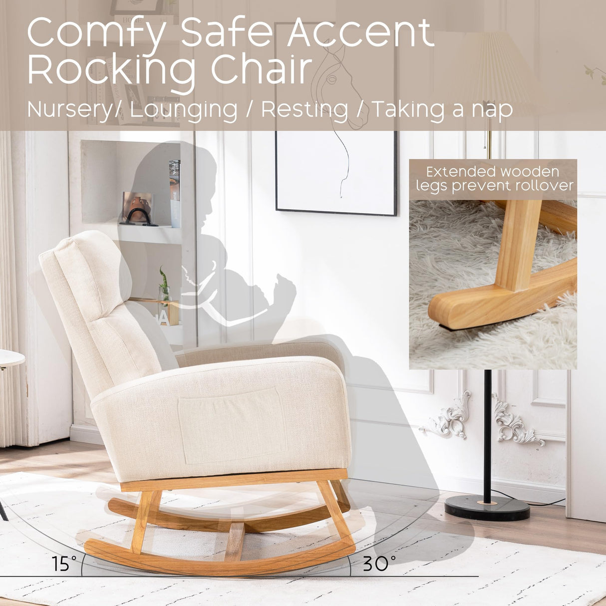 YUUIJOAA Rocking Chair Nursery - Glider Modern Accent Chairs Upholstered Linen Nursing Rocker Padded Armchair for Indoor Living Room Bedroom Beige YUUIJOAA