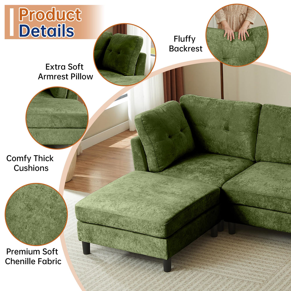 Portaforta 100" Oversized Sectional Couches for Living Room, Modular Sectional Sofa Couch, Modern Linen L Shaped Couch, 4 Seater Convertible Sofa for Living Room Apartment Office, Green Portaforta