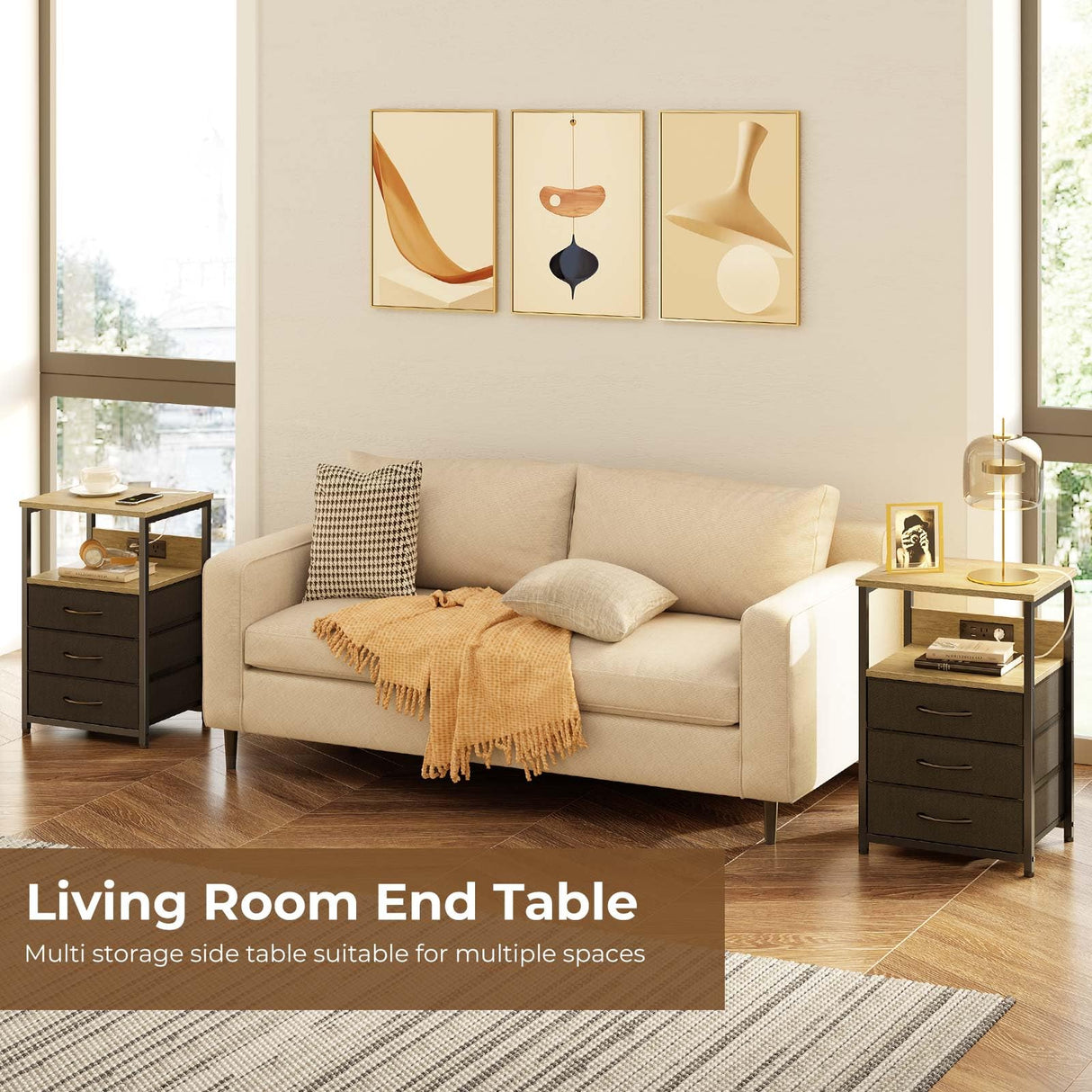 Seventable Nightstand with Charging Station and LED Light, Set of 2 Side Table with 3 Fabric Drawers, Bedside End Table with USB Ports and Outlets, Night Stand for Bedroom, Greige Seventable