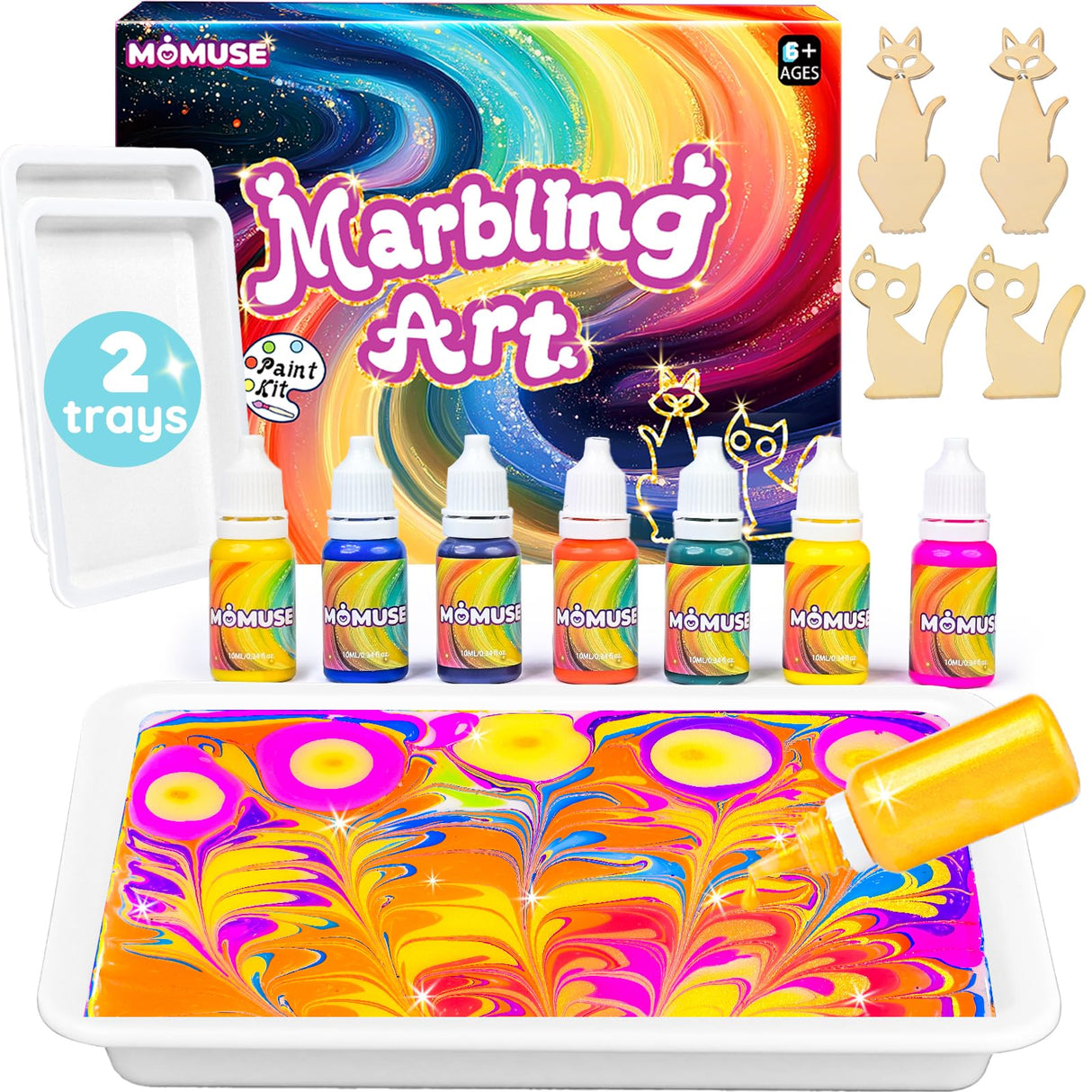 MOMUSE Marbling Paint Art Kit for Kids with Dual Trays, Passed Toxicology, Metallic Gold Water Marble Painting Kit, Creative Art Craft Kits Ideal Toys Gifts for Girls & Boys Ages 6+ MOMUSE
