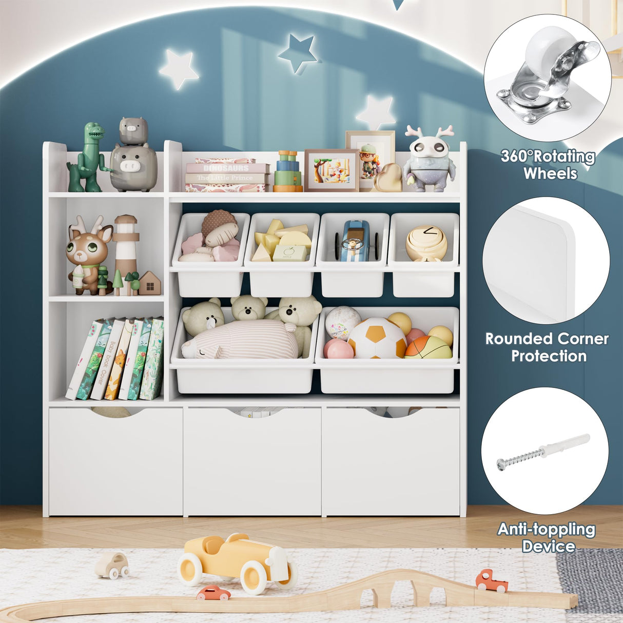 FACBOTALL Toy Storage Organizer with 3 Movable Drawers, Kids Bookshelf with 6 Plastic Bins & 2 Storage Cubbies, Toy Chest with Hidden Wheels, Toy Storage Box for Playroom, Classroom, Kids Room, White FACBOTALL