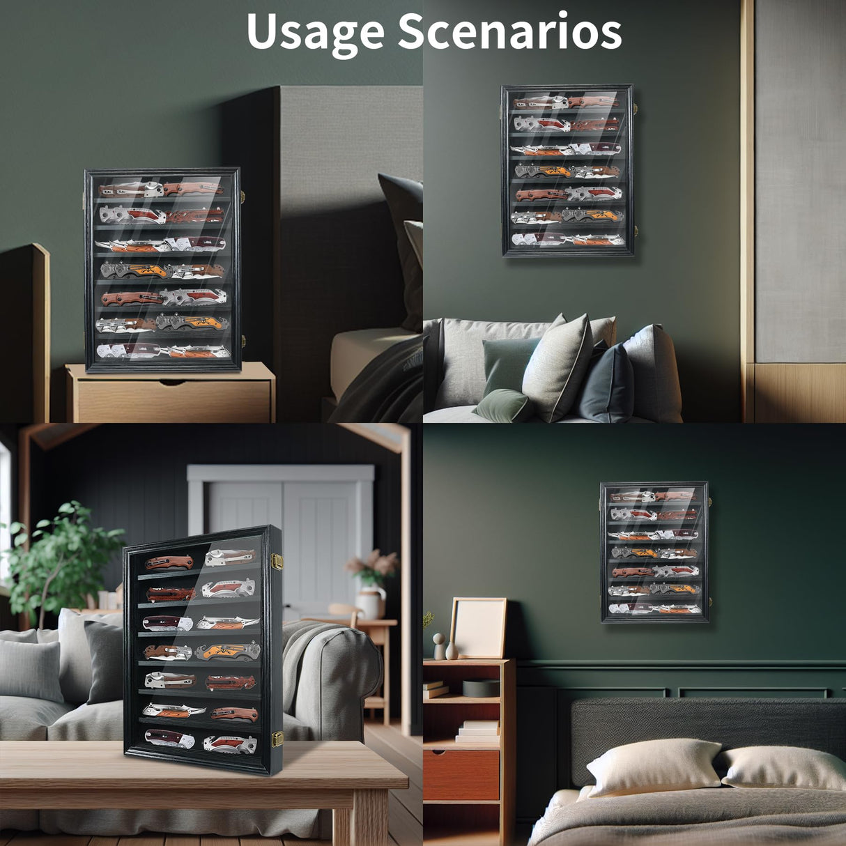 YRCKUDZKG Knife Display Case for Collections, Pocket Knife Display Case with HD Tempered Glass, Lockable Storage Cases with Removable Shelves, Wall-Mounted 7-Layer Wood Cabinet, Black YRCKUDZKG