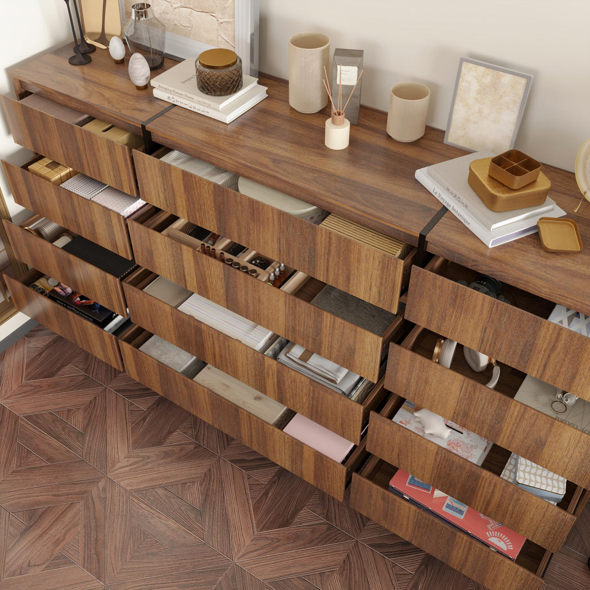 ECACAD 70.9" Dresser with 12 Handleless Drawers, Mid-Century Modern Chest of Drawers with Slide Rails, Wooden Storage Dresser for Bedroom Living Room, Brown & Black ECACAD