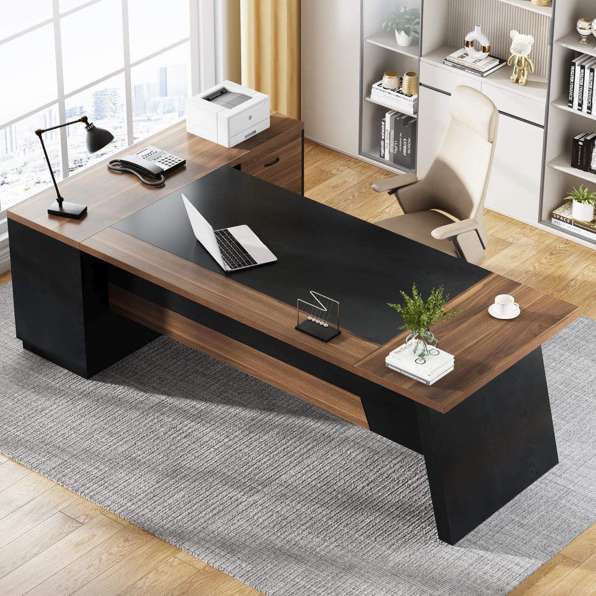 Tribesigns 78" L-Shaped Executive Office Desk, Large Modern Computer Desk with Drawers and Lateral File Cabinet, Business Furniture with Storage Shelves (Light Walnut + Black) Tribesigns