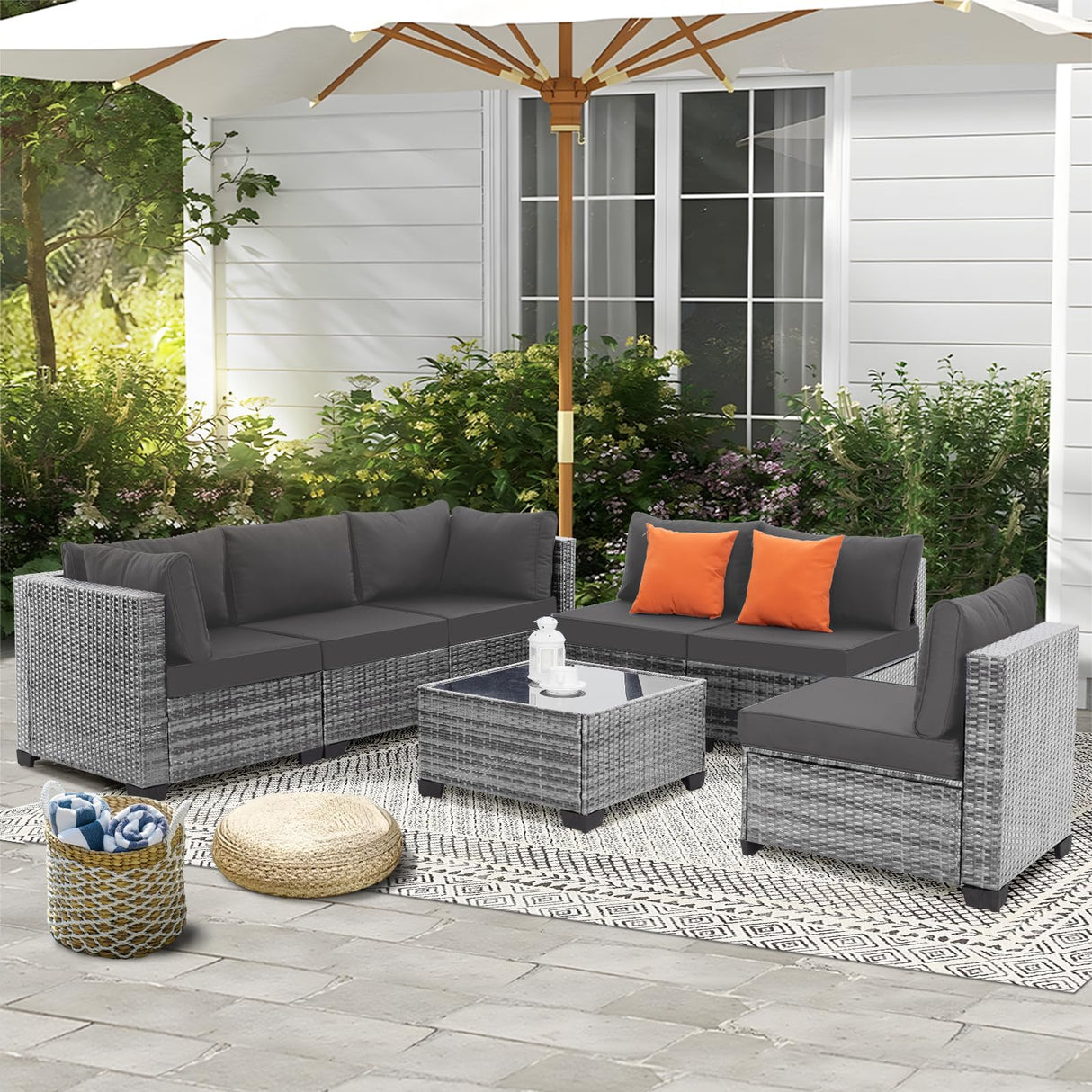 FHFO 7 Pieces Outdoor Patio Furniture Set, Outdoor Conversation Sets Wicker Sectional Couch Rattan Sofa with Thick Cushions & Coffee Table for Garden, Balcony, Backyard, Grey-Grey FHFO