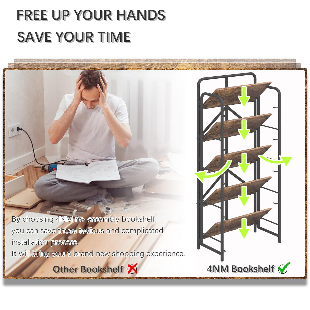 4NM No Assembly Folding Bookshelf, 5 Tier Vintage Industrial Book Shelf,Metal Foldable Storage Bookcase and Bookshelves for Living Room,Bedroom and Kitchen - Rustic Brown 4NM