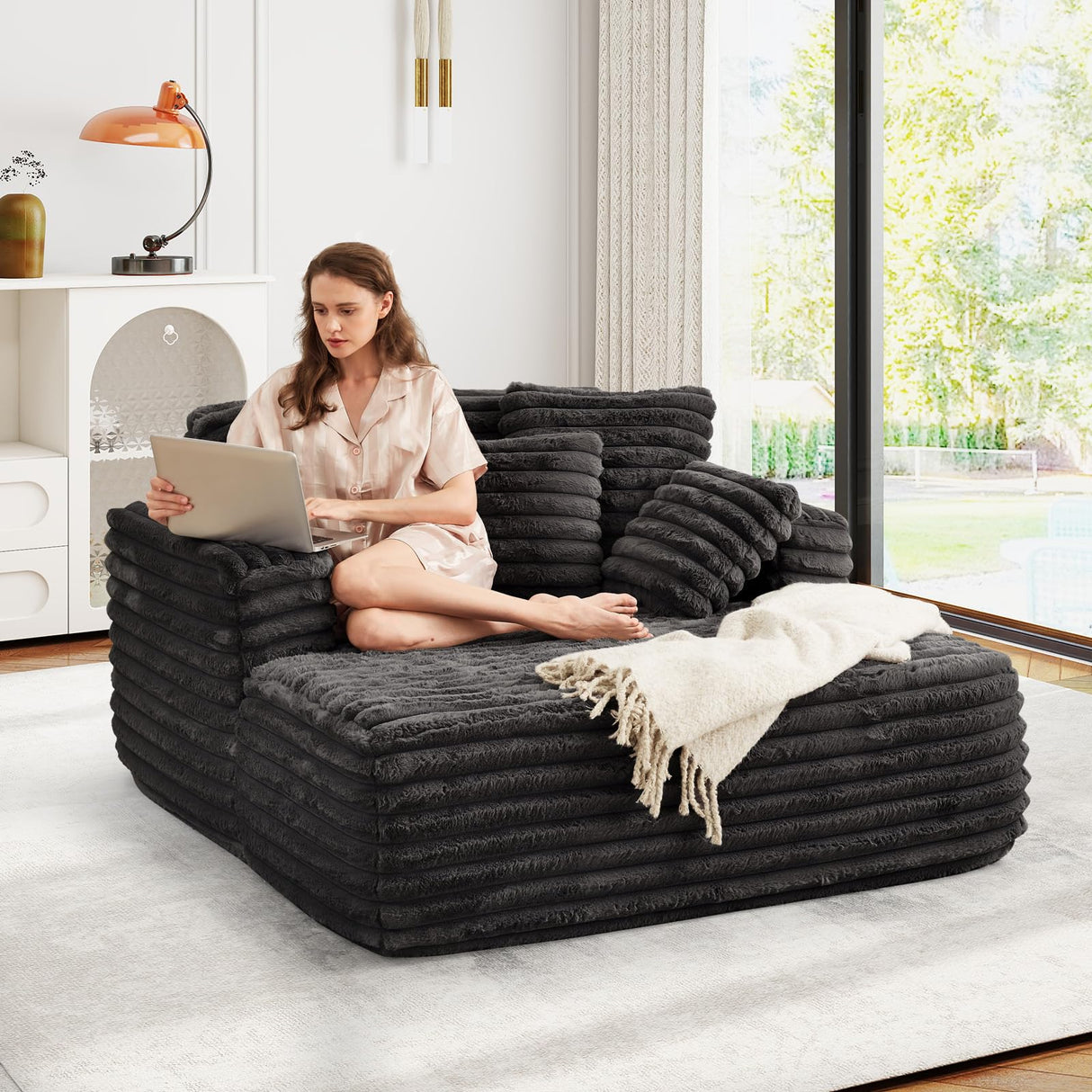 JEEOHEY 56"W Oversized Chaise Lounge Chair Indoor,Plush Faux Fur Sleeper Sofa Couch Bed with Pillows&Wide Armrest,Fluffy Comfy Cloud Sofa,Compression Foam Boneless Couch for Living Room,Bedroom(Black) JEEOHEY