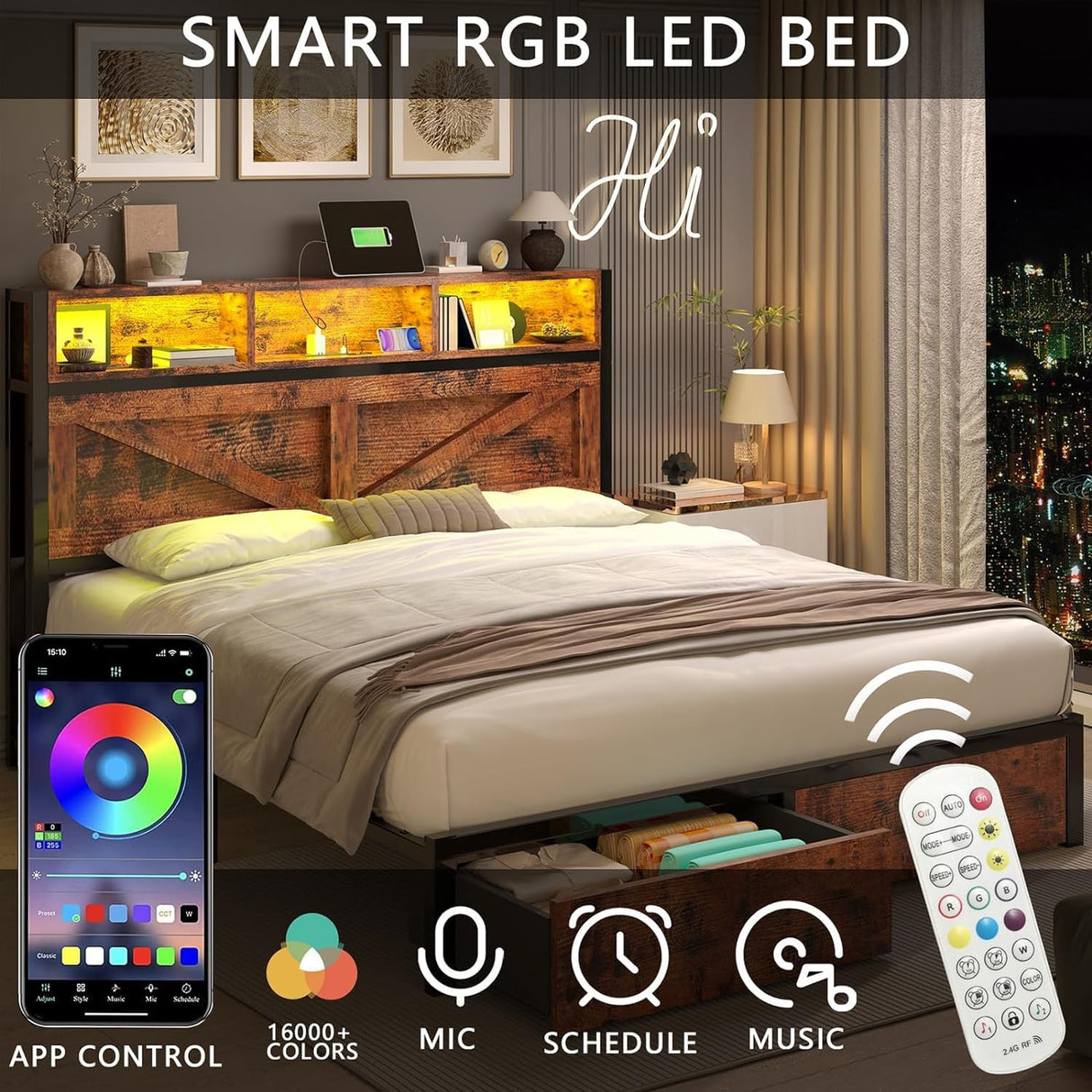 Farmhouse Full Bed Frame with Bookcase Headboard and Storage Drawers, LED Lights and Charging Station, No Box Spring Needed, Noise Free, Vintage Brown Fastroby