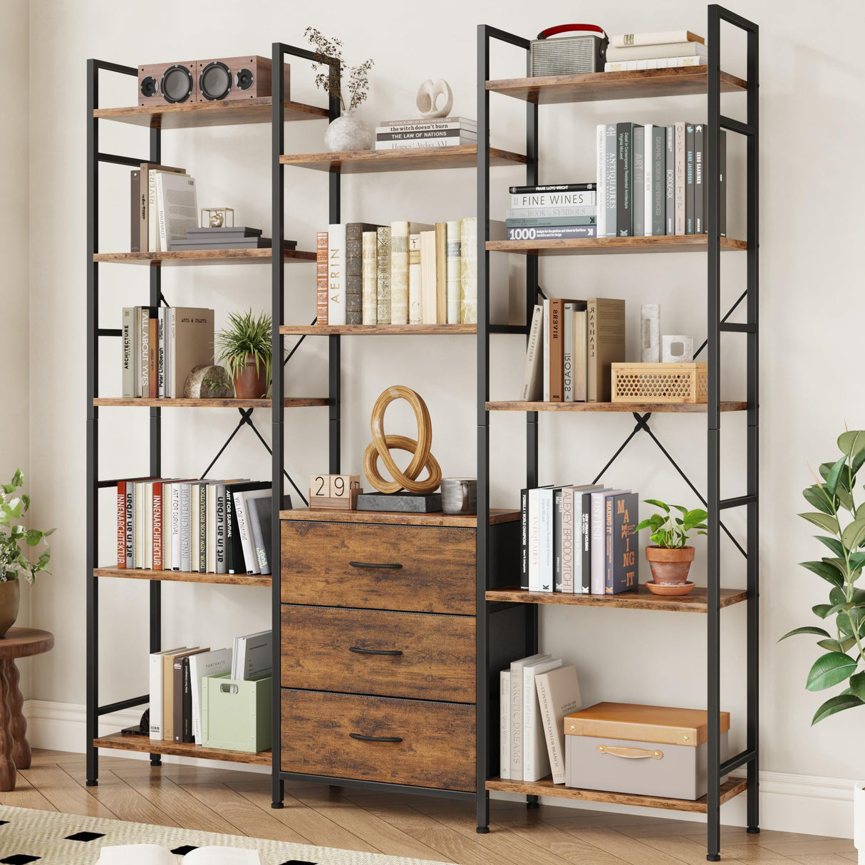 AFLUI Triple Bookshelf with 3 Fabric Drawers, 5-Tier Book Shelf and 10 Display Shelves, Industrial Large Bookcase for Home & Office, Rustic Brown, 47'' Wide AFLUI