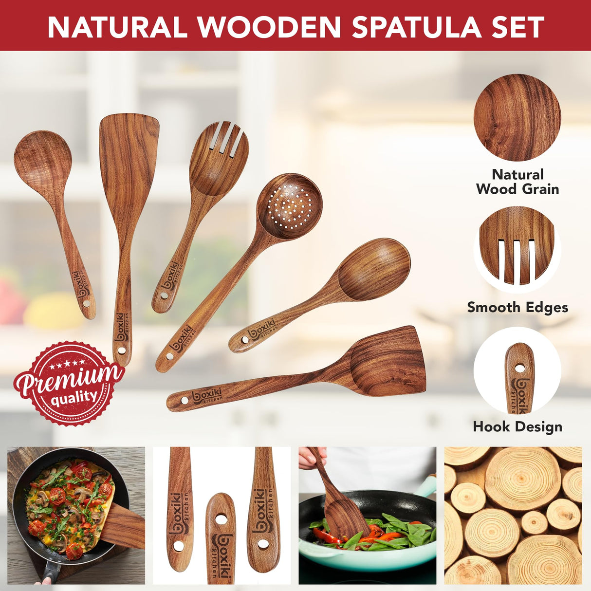 Luxury Teak Wood Utensil Set - Elegant 6-Piece Cooking Ensemble Including Spoons, Server, Scraper & Spatula - Expertly Crafted for Culinary Excellence Boxiki Kitchen