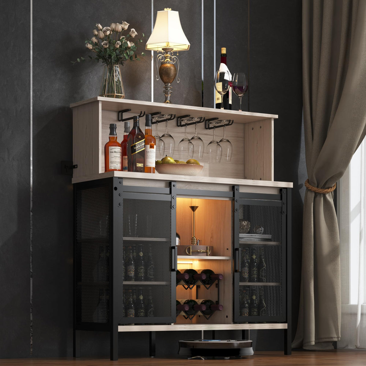 QNICE LED Industrial Wine Bar Cabinet for Liquor and Glasses/Sliding Barn Door Coffee Bar Cabinet with Light/Farmhouse Sideboard Buffet Storage Cabinet with Wine Rack/Rustic Oak/Easy Assembly QNICE