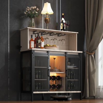 QNICE LED Industrial Wine Bar Cabinet for Liquor and Glasses/Sliding Barn Door Coffee Bar Cabinet with Light/Farmhouse Sideboard Buffet Storage Cabinet with Wine Rack/Rustic Oak/Easy Assembly