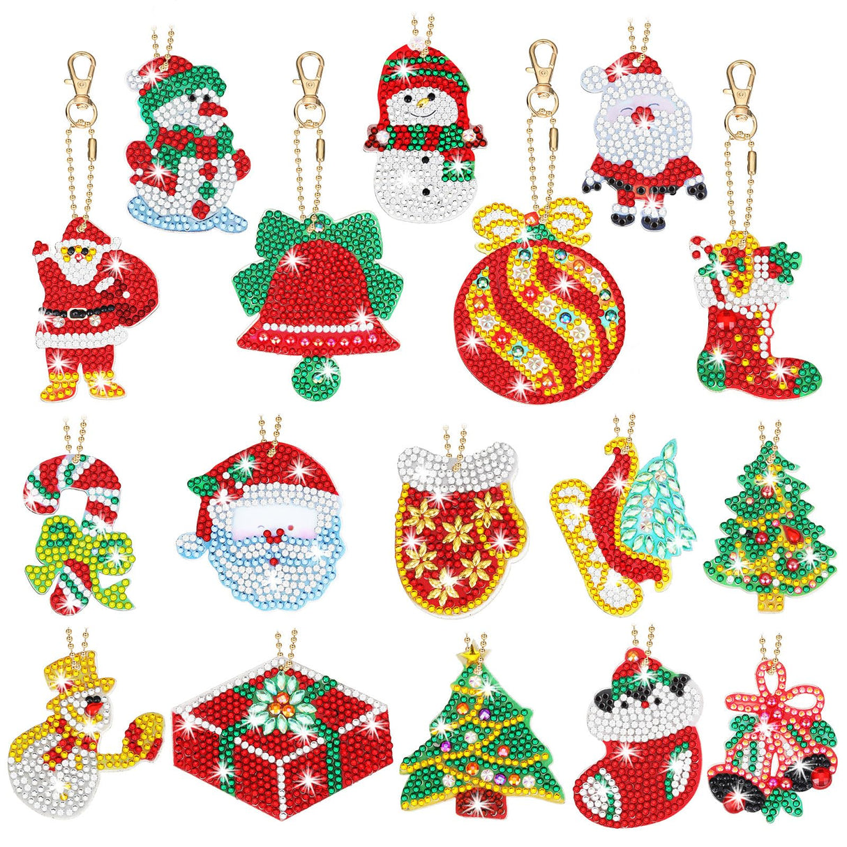 Yaomiao 17 Pieces Double Sided Diamond Art Christmas Ornaments Christmas Keychains Diamond Art Kit for Adult DIY 5d Painting Round Drill Key Chain Xmas Crystal Rhinestone Arts Craft Keychain Supplies Yaomiao