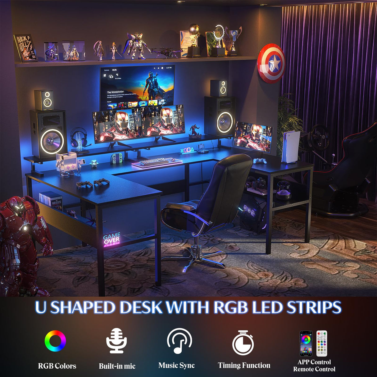 Hyomdeck Customizable U Shaped Desk & L Shaped Office Desk with Adjustable Monitor Stand, RGB LED Lights and Power Outlets, Sturdy Reversible L Shape Hyomdeck