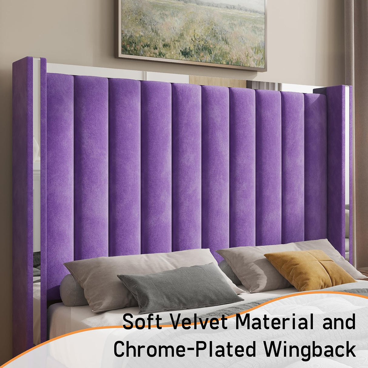 Jocisland King Size Bed Frame with 58" Tall Headboard, Velvet Upholstered Platform Bed with Channel Tufted Wingback Headboard and Plating Trim, No Box Spring Needed, Purple Jocisland