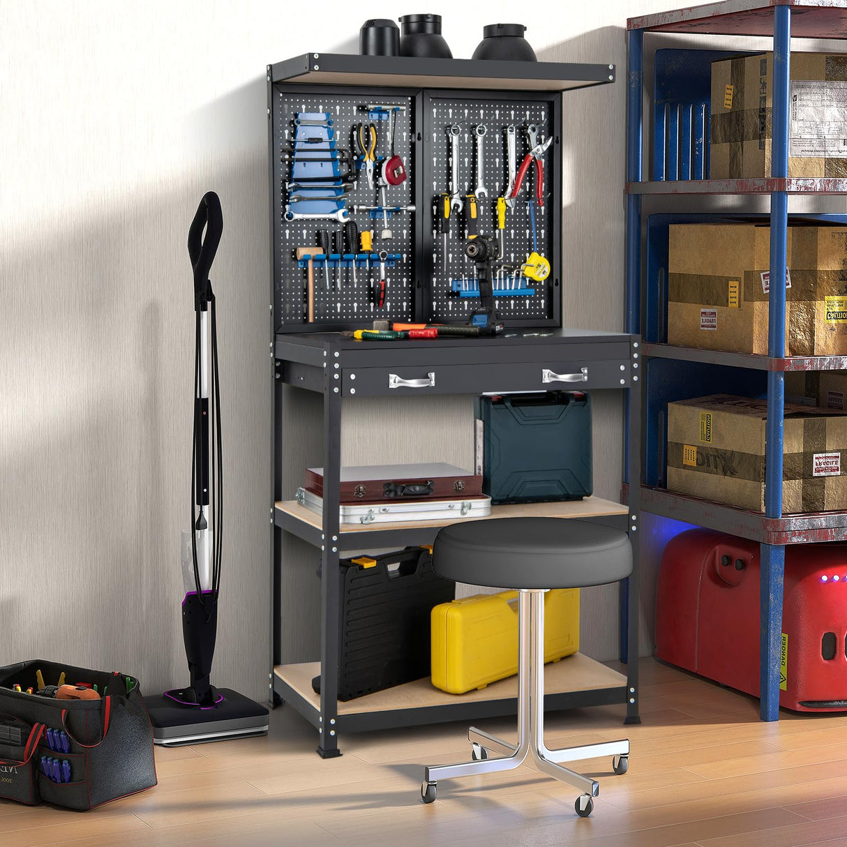 Goplus Workbench with Pegboard, 32" x 16" Multi-use Workbench with 2 Tires of Shelves, Topping Space, Drawer, Robust Metal Frame, Heavy-Duty Work Table Tool Storage Bench for Workshop Garage Goplus