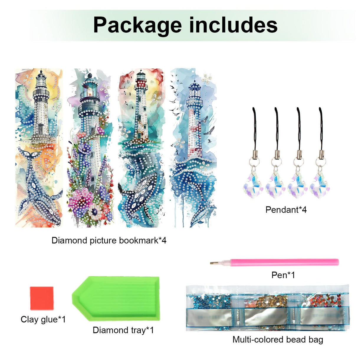 4 Pack Diamond Painting Bookmark Kits Lighthouse and Whale, Special Shaped Diamond Art Bookmarks with Pendant, DIY Handmade Crafts Home Office Supplies Reading Bookmark, Perfect Gift for Book Lovers Focart