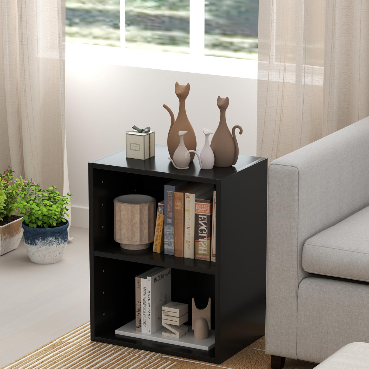 Tangkula 2-Tier Bookshelf, Open Shelf Bookcase with 7-Position Adjustable Shelf, Multifunctional Wooden Cubby Storage Display Shelf for Home Office Study Living Room (Black, 1) Tangkula