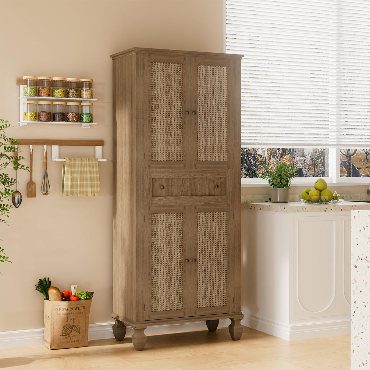 Yeyawomy 72 inch Kitchen Pantry Storage Cabinet, Freestanding Pantry Cabinet, Tall Cabinets with Doors and Shelves,Freestanding Cupboard with Adjustable Shelves for Dining Room, Natural Yeyawomy