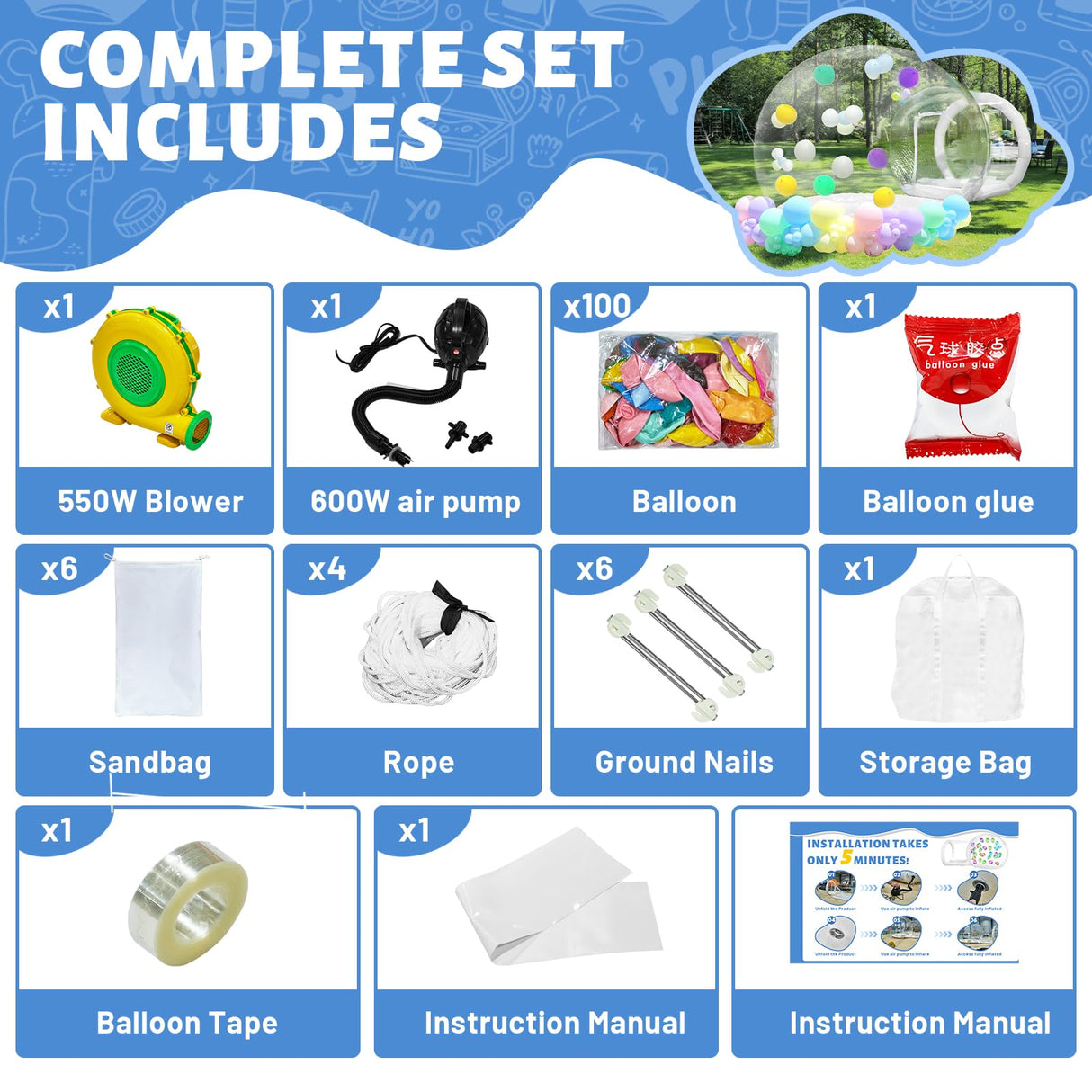 10FT Inflatable Bubble House, PVC Inflatable Balloon House for Kids and Adults with 100 Balloons Clear Bubble House Dome Inflatable with Blower& Pump for Birthday Outdoor Backyard Wedding Party Rental Heipigo