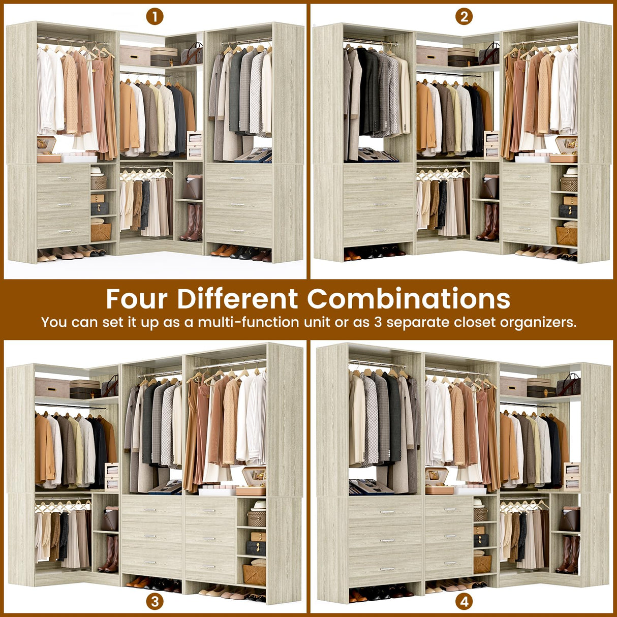 Aheaplus Closet System with 6 Drawers, 4 Hanging Rods & Corner Tower, Corner Closet System with Hanging, 86.8" L-Shaped Walk-In Wardrobe Organizer, 2000+ lbs Capacity, Set of 3, White Oak Aheaplus