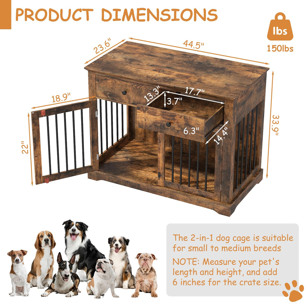 PRETZI Dog Crate Furniture, 44 Inch Wooden Dog Kennel Indoor with 2 Storage Drawers, Heavy Duty Large Dog Crate Furniture, Rustic Style Decorative End Table Dog Cage for Small/Medium/Large (Brown) PRETZI
