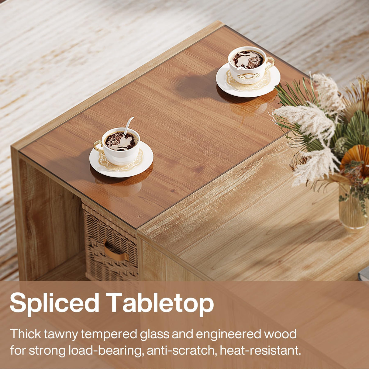 Tribesigns 47.24-Inch Coffee Table with Drawer & Storage Shelf, Farmhouse Coffee Table with Tawny Glass, Wood Center Table for Living Room, Modern Home Furniture, Brown & Tawny Tribesigns